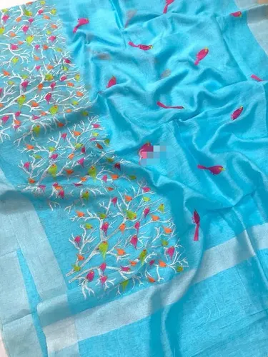 Pure Silk Linen Saree with Jari Border – New Floral & Bird Embroidery Work